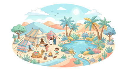 Obraz premium Bedouin camp near a river in a desert landscape.