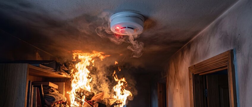 Smoke detector alarm triggered with fire and smoke in emergency scene