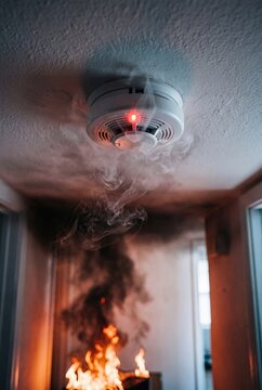 Smoke detector alarm triggered with fire and smoke in emergency scene