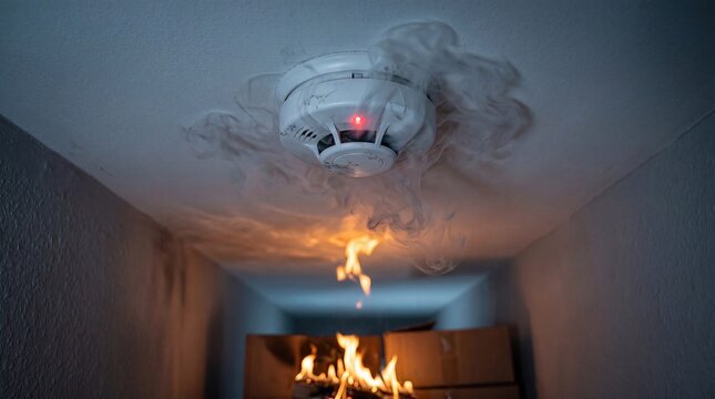 Smoke detector alarm triggered with fire and smoke in emergency scene