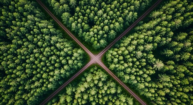 Aerial crossroad intersection in green forest. Nature exploration and travel direction concept. Dirt paths crossing symmetrically through dense trees.