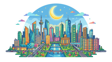 Fototapeta premium Colorful city skyline illustration with crescent moon at night.
