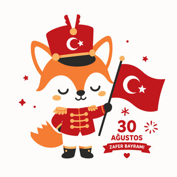 Cute fox in Turkish military uniform holding national flag.
