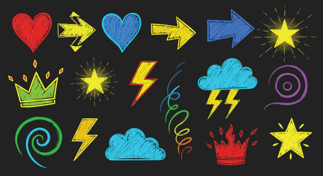 Set of colorful hand drawn doodle elements like hearts arrows stars lightning bolts clouds crowns and swirls on dark background.