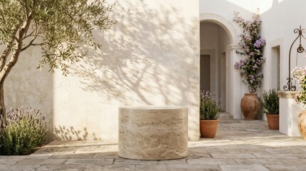 Fototapeta premium Elegant travertine stone podium in a sunlit courtyard for Mediterranean Luxury Branding Background and product showcase