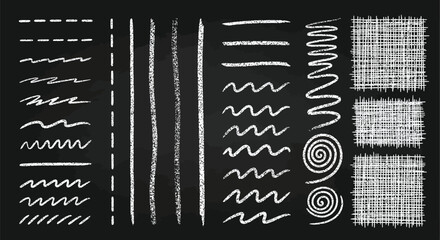 Set of hand drawn chalk texture lines and shapes on blackboard background artistic elements for design project vector illustration for scrapbooking creative work. © Snek