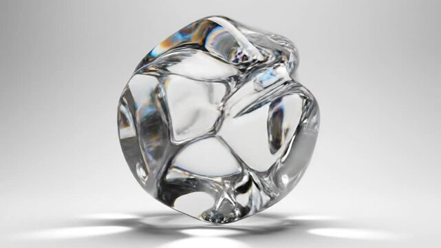 Abstract amorphous clear glass sculpture with light reflections and refractions