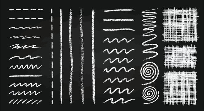 Set of hand drawn chalk texture lines and shapes on blackboard background artistic elements for design project vector illustration for scrapbooking creative work.