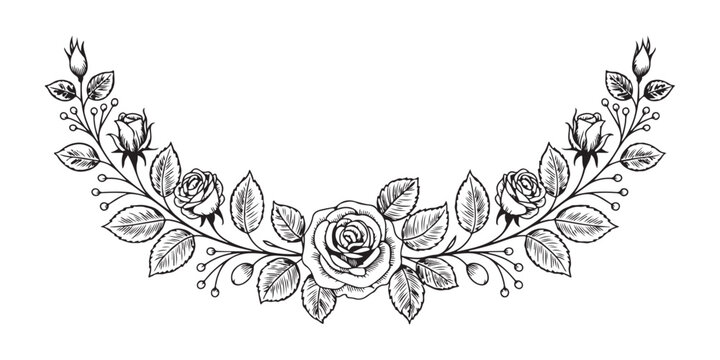 Beautiful hand drawn rose and leaf wreath for wedding invitations and vintage decorative elements.