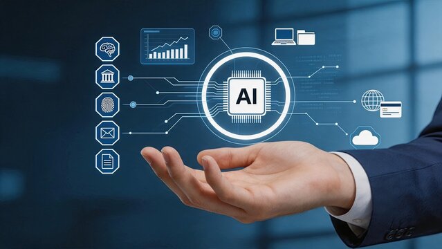Artificial intelligence AI chip technology concept held in human hand with connected network icons representing machine learning, big data processing, cloud computing and