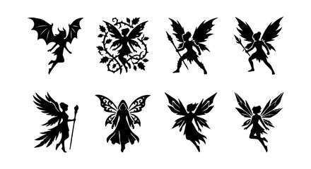 Fototapeta premium Angel icon set silhouette, white background, vector illustration
