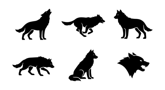Wolf Silhouettes Collection: Howling, Running, Sitting, Standing, Head Profile Icons