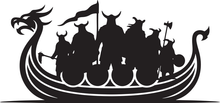 Viking Warriors Crew on Longship Silhouette Black and White Norse Raider Ship Graphic Vector Illustration
