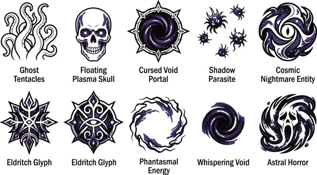 Dark fantasy creatures and symbols illustration set