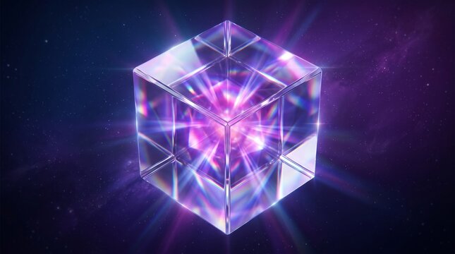 Cyberfuturistic transparent glass  cube element and liquid acrylic red purple blue glow on black backdrop cinematic tech background design cover art visuals 3d rendering
