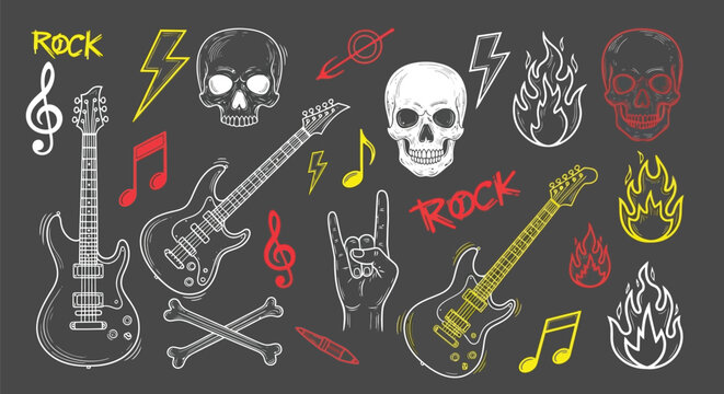 Rock and roll music elements featuring electric guitars skulls lightning bolts and flames in sketch style.