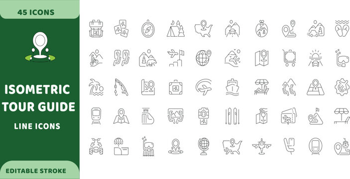 Tour guide vector icons. Travel service isometric signs set. Tourism element icon. Trip planning