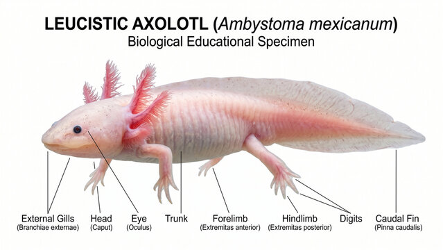 Educational biological diagram showing the anatomy of a leucistic axolotl with labels