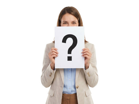 Question mark sign held by business woman, professional female employee hiding face behind paper with interrogation symbol, mystery and curiosity concept