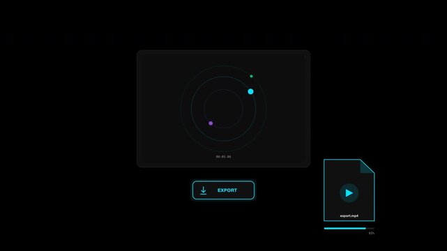 Ideal for tech websites and applications, cgi showing digital radar dashboard with file export and play symbol for user interaction.
