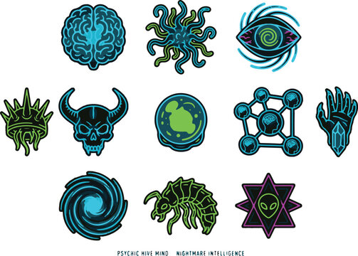 Psychedelic futuristic mind and intelligence icons set