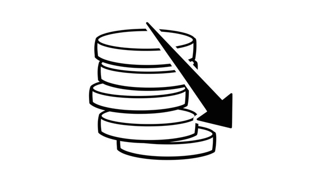 Falling Coin Stack Icon with Downward Arrow, Financial Crisis Concept