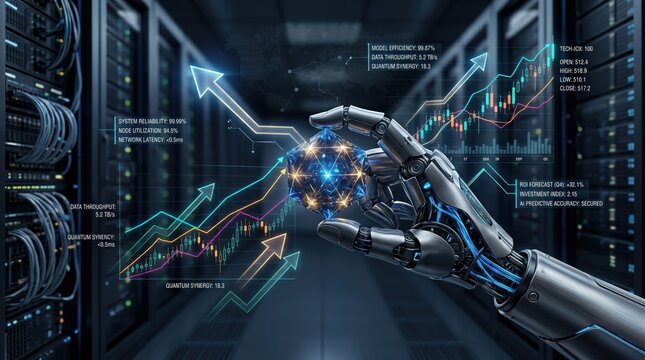Artificial intelligence robot hand holding data globe with financial charts analytics graphs and server room background for big data concept