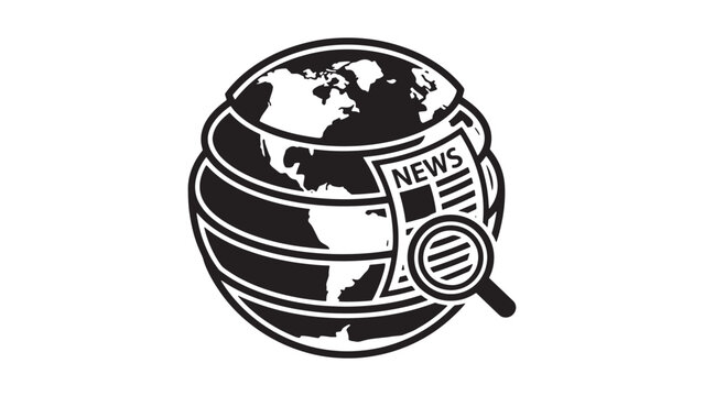 Global news globe logo with magnifying glass and newspaper elements on dark background