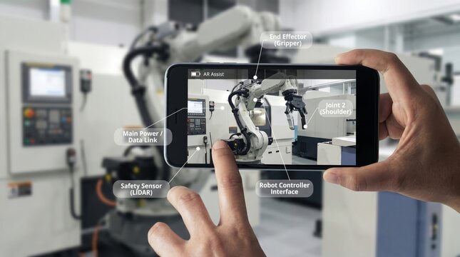 Smartphone displaying augmented reality interface for industrial robotic arm maintenance, factory automation technology