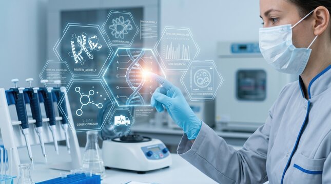 Female scientist touching DNA hologram in modern laboratory, biotechnology research concept with protein model and genetic data analysis on virtual screen interface for medical