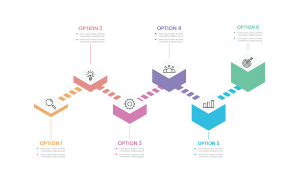 6 step, options, stage or process timeline isometric infographic. Infographic for workflow, scheme, planning, project business