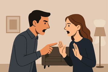 Fototapeta premium Man and woman standing in a living room and having a heated disagreement with pointing fingers and expressive facial features.