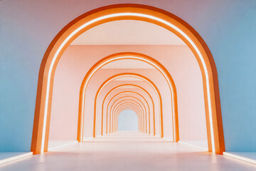 Fototapeta premium A symmetrical perspective view of a futuristic indoor corridor with repeating orange arches and integrated neon lighting, creating depth.
