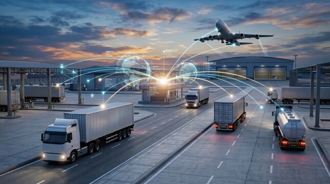 Smart logistics and transportation network connecting trucks, cargo planes and warehouses with global data lines for efficient supply chain management system.