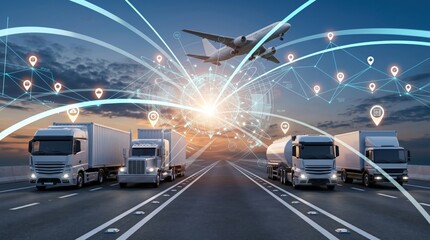 Fototapeta premium Global logistics and transportation network concept, trucks on highway and airplane with connected digital lines