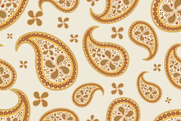 Seamless paisley pattern with four petal floral elements. Vintage teardrop motif vector illustration in cream and golden yellow tones for textile, fabric, and wallpaper design. © Thanawat