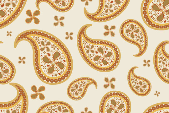 Seamless paisley pattern with four petal floral elements. Vintage teardrop motif vector illustration in cream and golden yellow tones for textile, fabric, and wallpaper design.