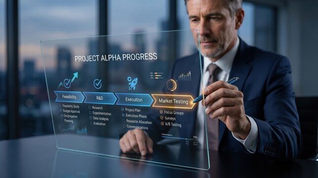 Business executive analyzing project alpha progress on transparent holographic screen in modern office, strategic planning and market testing phase visualization