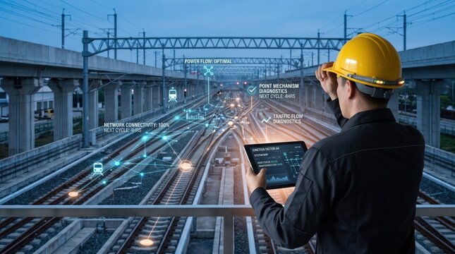 Railway engineer monitoring train network connectivity and power flow diagnostics with tablet and holographic overlay on elevated platform tracks