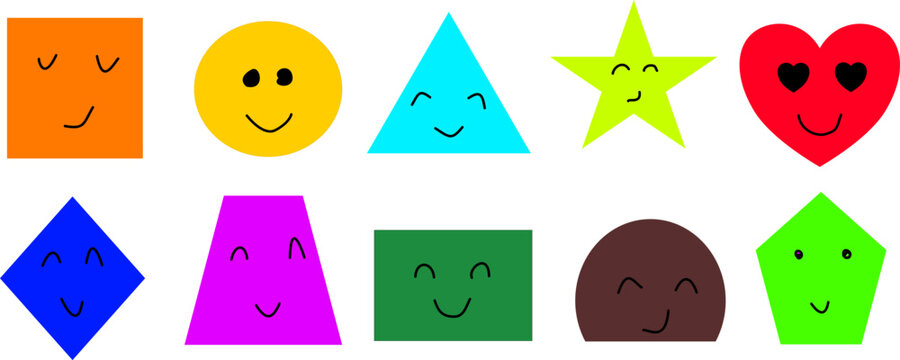 Colorful geometric shapes with cute smiling faces on white background, kids educational element set