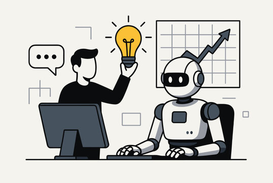 Human professional and an advanced robot work together at a computer, sparking a new idea represented by a glowing yellow lightbulb.