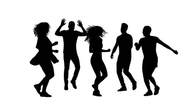 Five people dancing together silhouette style