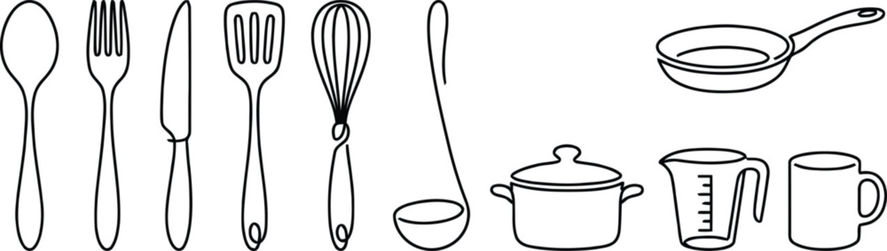Kitchen utensils and dishes line art