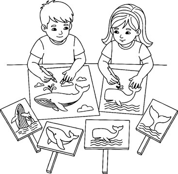 Two children happily painting whale stencils together.