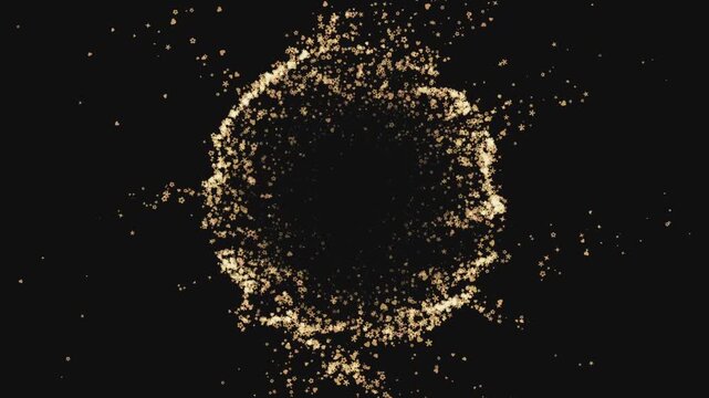 abstract gold happy particles exploding into a ring frame on black background for party birthday celebration and childhood motion graphics, luxury, magic