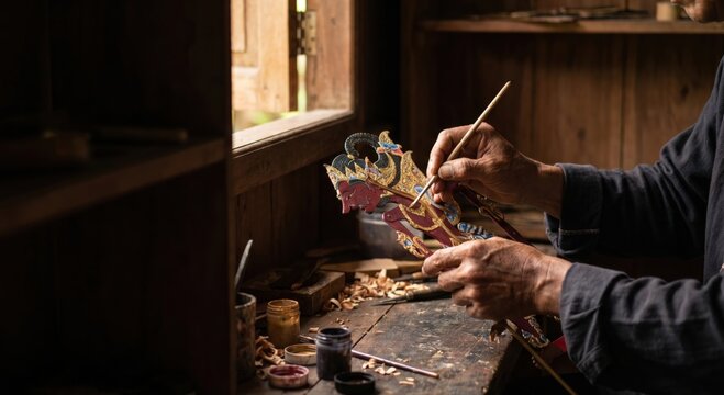 Faceless Artisan Crafting Traditional Wayang Shadow Puppet in Wooden Workshop