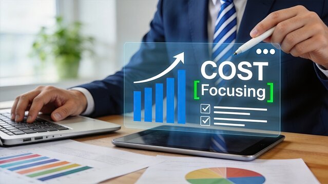 Professional analyzing cost focusing metrics on tablet, budget management, expense reduction, financial efficiency and accounting optimization concept