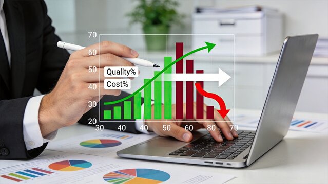 Business professional analyzing quality percentage increase and cost percentage decrease chart on laptop, demonstrating efficiency optimization, value improvement and strategic
