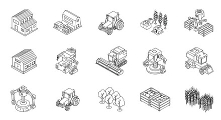 Obraz premium Set of black and white isometric line icons representing modern farming equipment, industrial agricultural buildings, and various crops.