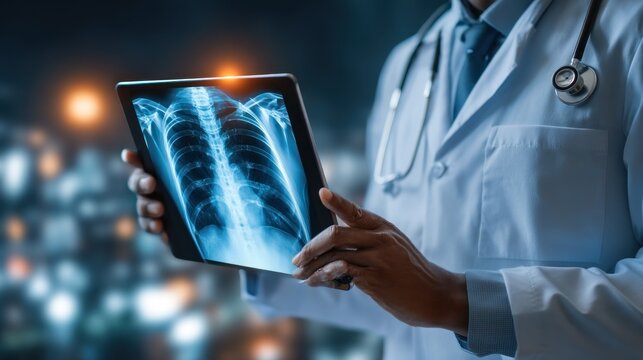 Doctor examining chest x ray on tablet